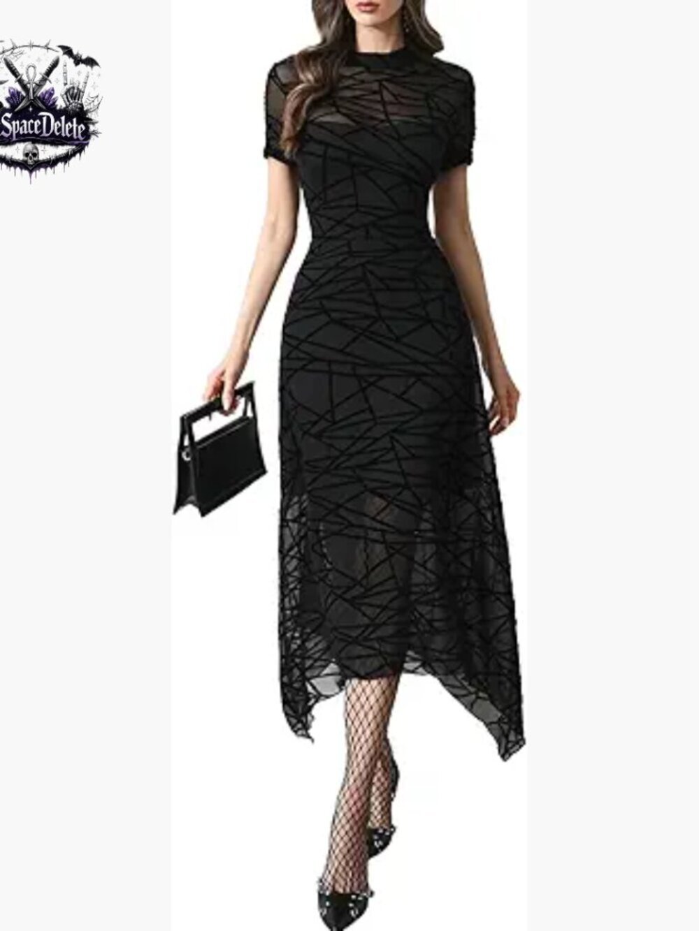Floral Print Mesh Spliced Midi Dress Fitted Bodice Vintage Goth Wedding Guest